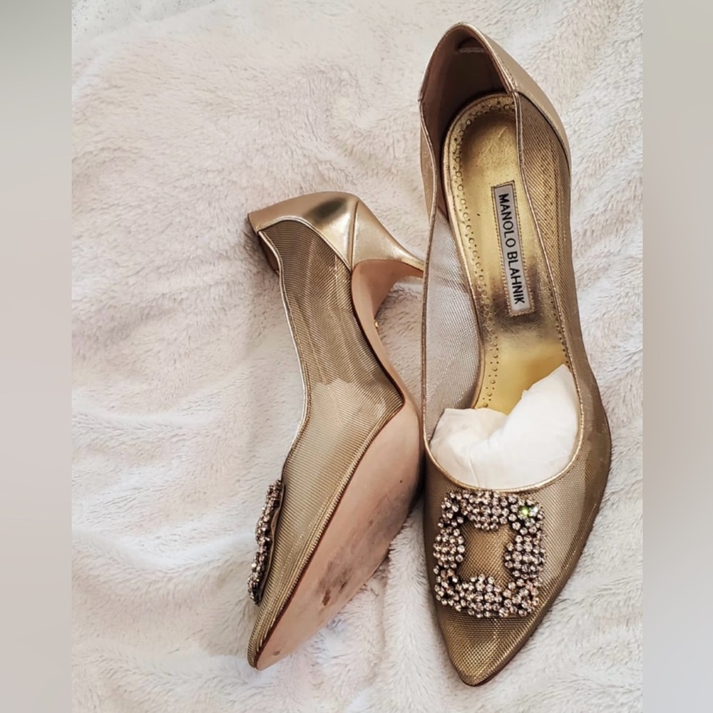 Manolo Blahnik Gold Embellished Heels - Picture 6 of 10